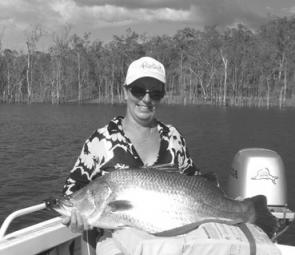Christine Machonachie with a prime Awoonga barra caught while fishing in the inaugural Daiwa BARRA Tour.